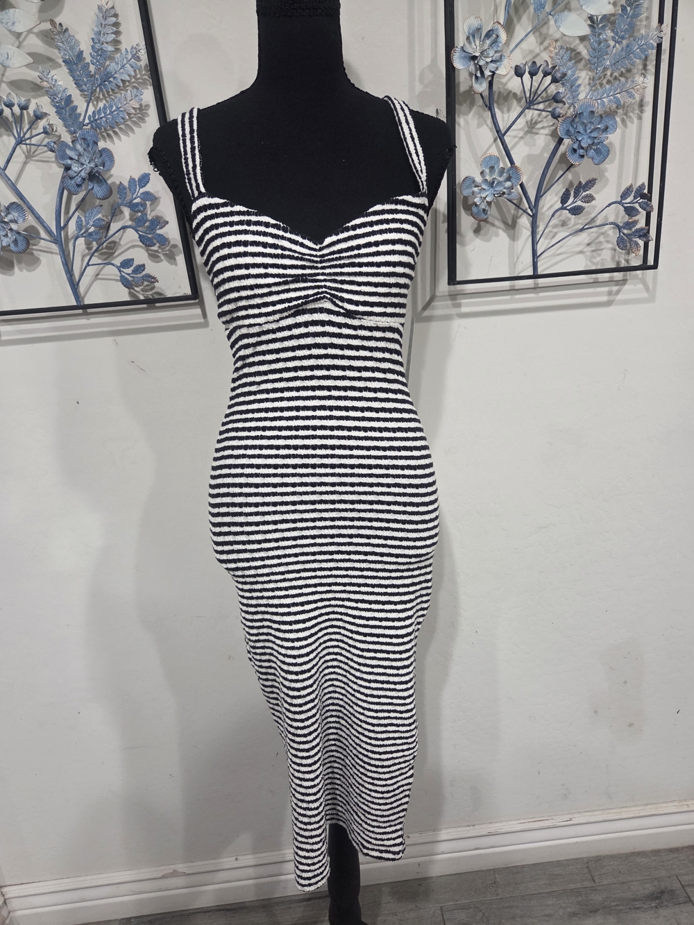 Derek Heart Black and Light Cream Striped Knit Midi Dress